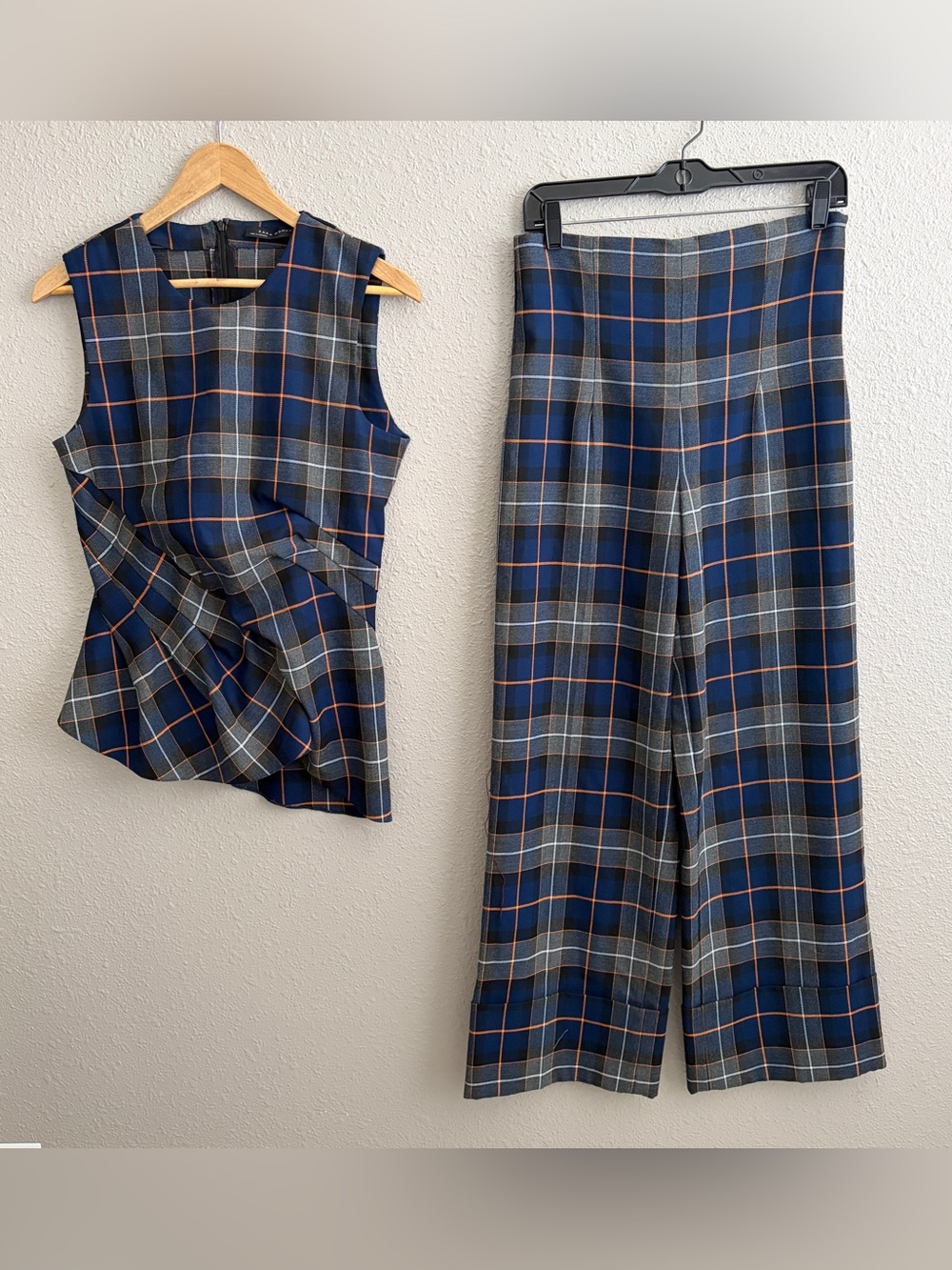 Zara Pleated Blue Tartan Plaid Top and Matching Wide-Leg Plaid Preppy Pants Set - Picture 2 of 12